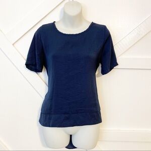 Harlowe & Graham Short Sleeve High Low Hem Zip Back Blouse Navy Blue Size Small